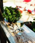 Glass of white wine next to seashells on a wooden table — Stock Photo