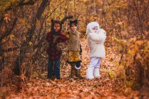 Trois enfants debout dans une forêt vêtus de costumes d'Halloween, États-Unis — Photo de stock