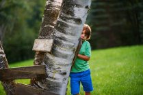 Garçon caché derrière un fort d'arbre, États-Unis — Photo de stock