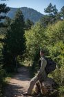 Caminante sentado en una roca en el bosque, Bosnia y Herzegovina - foto de stock
