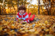 Retrato de un niño sonriente acostado en un trampolín cubierto de hojas de otoño, Estados Unidos - foto de stock