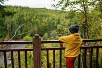 Boy standing on a bridge looking at a river, Lake Superior Provincial Park, Estados Unidos - foto de stock