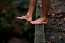 Primo piano dei piedi sporchi di un ragazzo in piedi su una passerella nella foresta, Stati Uniti — Foto stock
