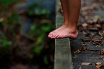 Close-up of a boy's dirty feet standing on a footbridge in the forest, United States — Stock Photo