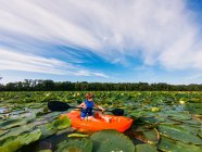 Garçon kayak dans le lac rempli de nénuphars — Photo de stock