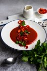 Tigela de sopa de tomate com pimenta fresca e salsa — Fotografia de Stock