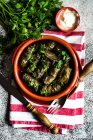 Blick auf das traditionelle georgische Tolma-Gericht mit Koriander und Joghurt — Stockfoto