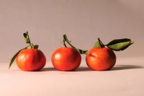 Drei Mandarinen hintereinander auf einem Tisch — Stockfoto