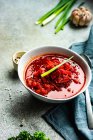 Schüssel Rote-Bete-Suppe mit Frühlingszwiebelgarnitur — Stockfoto