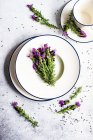 Summer modern table setting with fresh lavender flowers on concrete table — Stock Photo