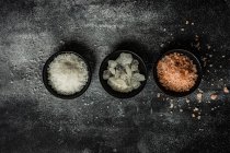 Концепция приготовления пищи с различными приправами соли на темно-бетонном фоне — стоковое фото