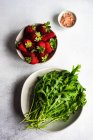 Tigela servida com ervas frescas e salada de frutas no fundo de concreto — Fotografia de Stock