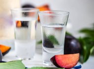 Vodka de ciruela servido en vasos fríos y ciruelas frescas sobre una mesa - foto de stock
