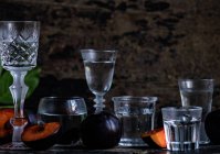 Vodka di prugna servita in bicchieri freddi e prugne fresche su un tavolo — Foto stock