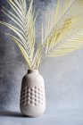 Intérieur minimalsitique avec vase et feuilles de palmier blanc sur fond de béton — Photo de stock
