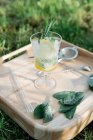 Glass of lemonade with mint leaves on wooden tray on grass lawn — Stock Photo