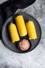 Placa de mazorcas de maíz con sal rosa himalaya - foto de stock