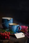 Christmas spiced coffee in blue ceramic mug among spices and berries on dark moody background — Stock Photo