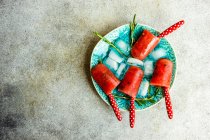 Sobremesa de verão com picolés de melancia orgânica servida em prato com gelo e alecrim — Fotografia de Stock
