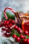 Концепція різдвяного напою зі склянкою глінтвейну зі спеціями навколо — стокове фото