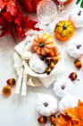 Top view of various pumpkins decorations on table — Stock Photo