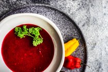 Porzione di zuppa di barbabietole cremosa servita sul tavolo — Foto stock