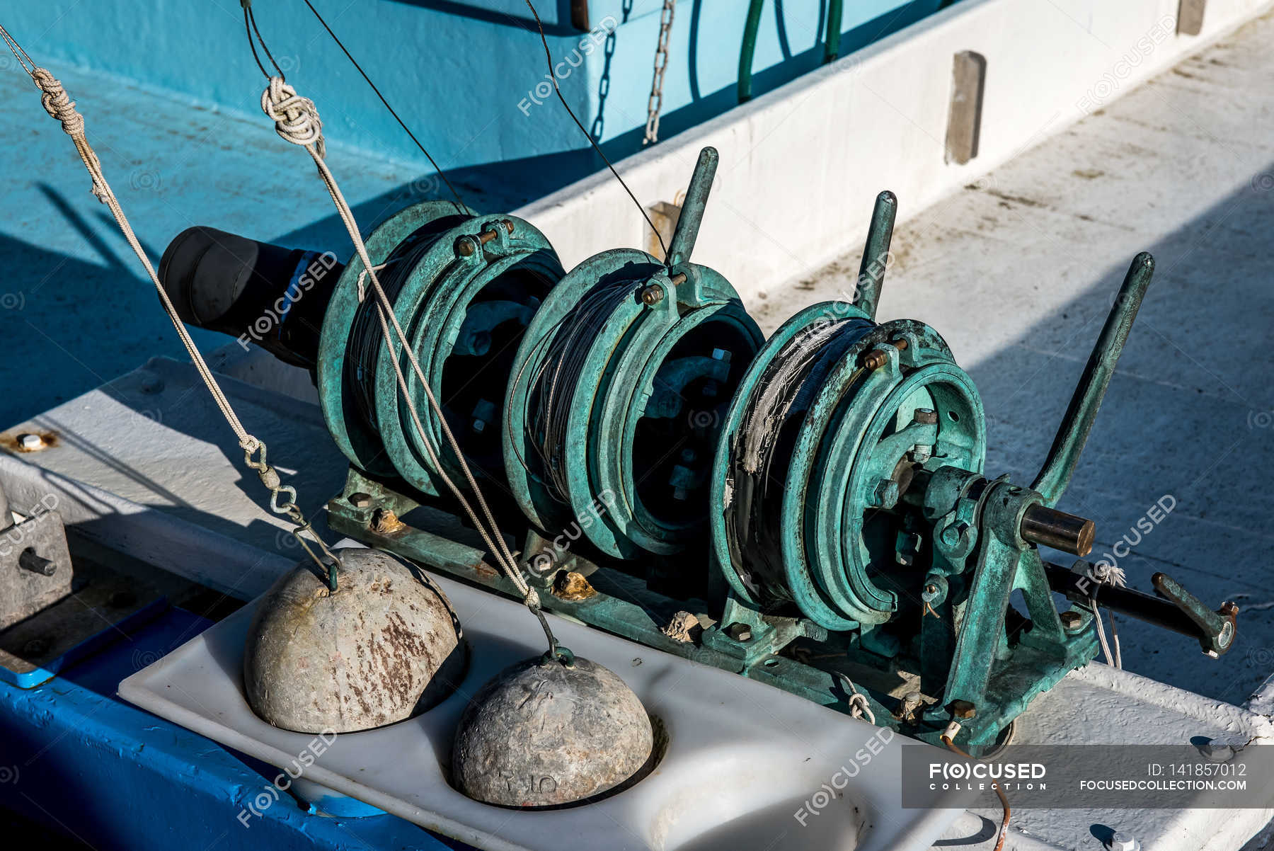 Fishing weights on boat — trawler, daytime Stock Photo 141857012