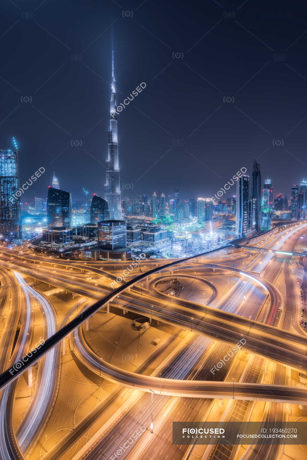 Scenic View Of Dubai Skyline At Night Uae Outdoors Structures Stock Photo