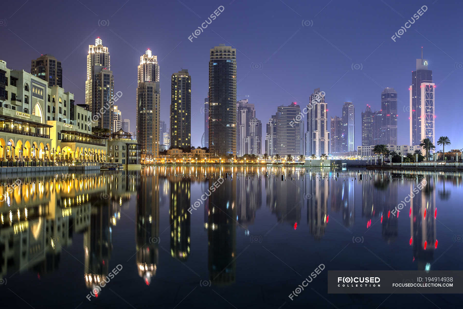 Scenic View Of City Skyline At Night Dubai Uae Majestic Skyscrapers Stock Photo