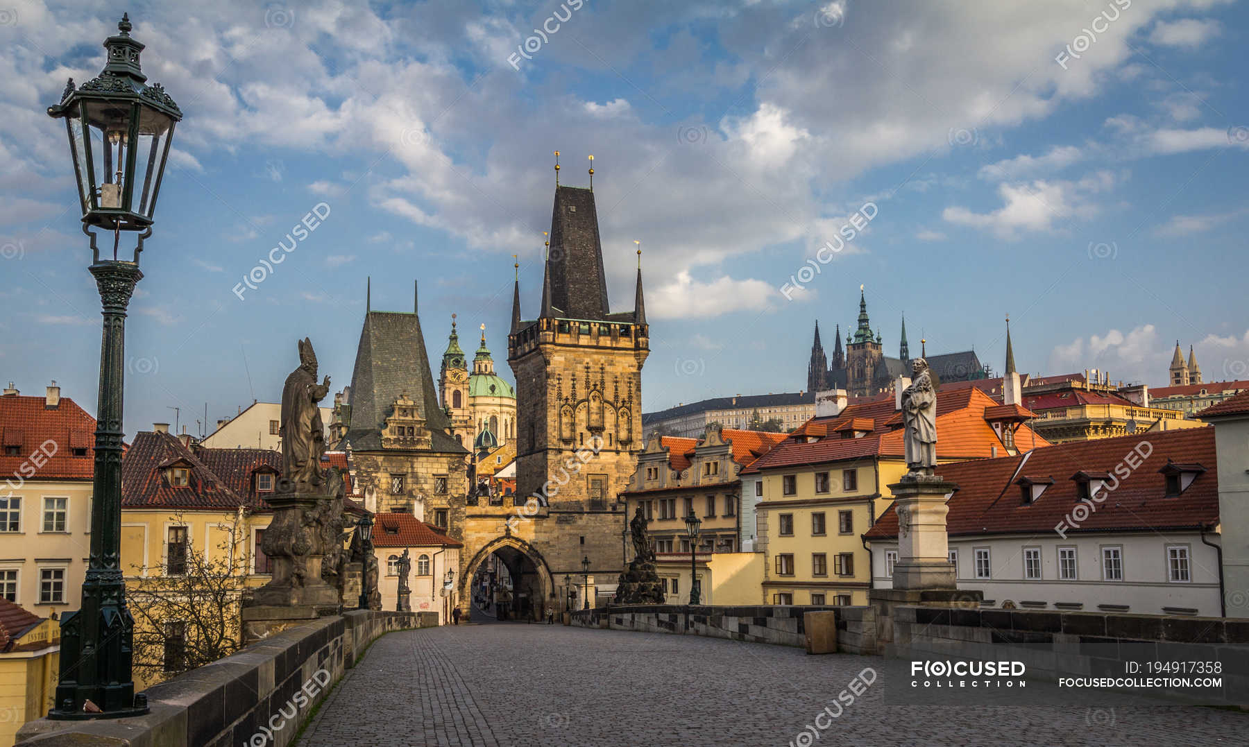 Scenic View Of Mala Strana Bridge Tower And Prague Castle From Charles Bridge Prague Czech Republic Horizontal Tourism Stock Photo