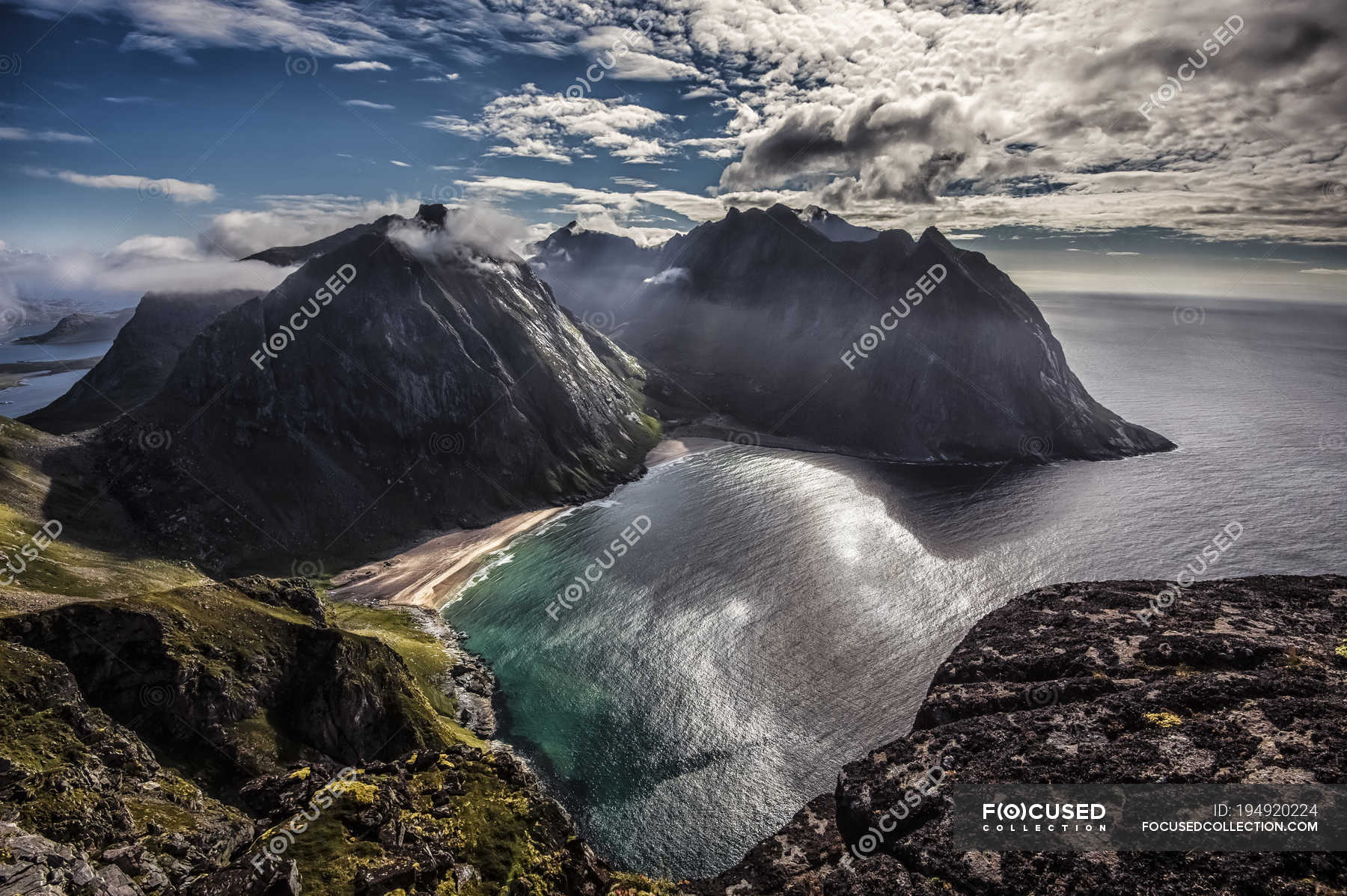 Norway Nordland Flakstad Lofoten Island Vestvika Elevated View Of Bay With Kvalvika Beach Copy Space Mountains Stock Photo