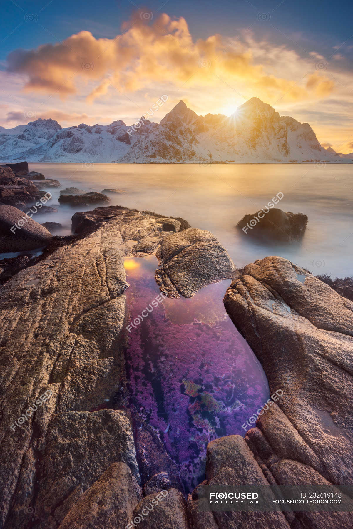 Scenic View Of Vareid Beach Flakstad Nordland Norway Lofoten Dramatic Landscape Stock Photo