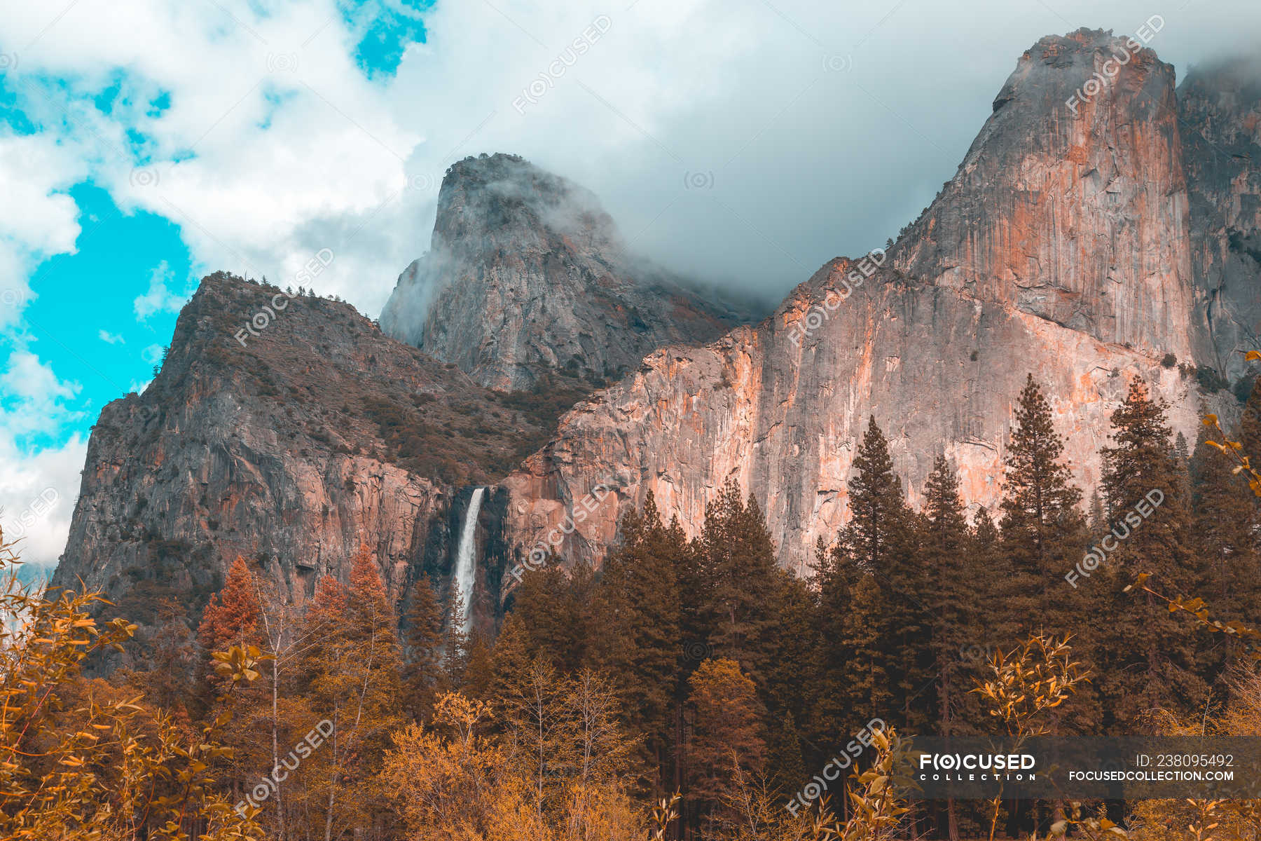 Three Brothers With Bridal Veil Falls Yosemite National Park California United States Majestic Mountains Stock Photo