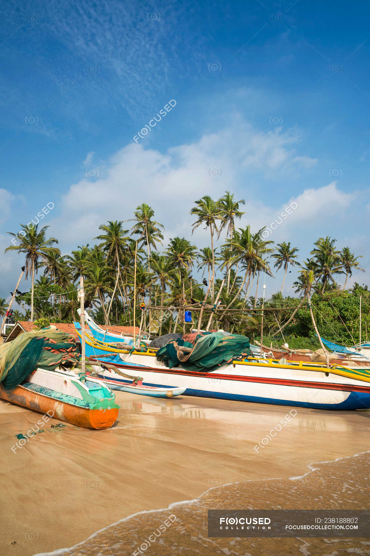 Fishing boats on the beach, Weligama, Matara, Southern Province, Sri ...