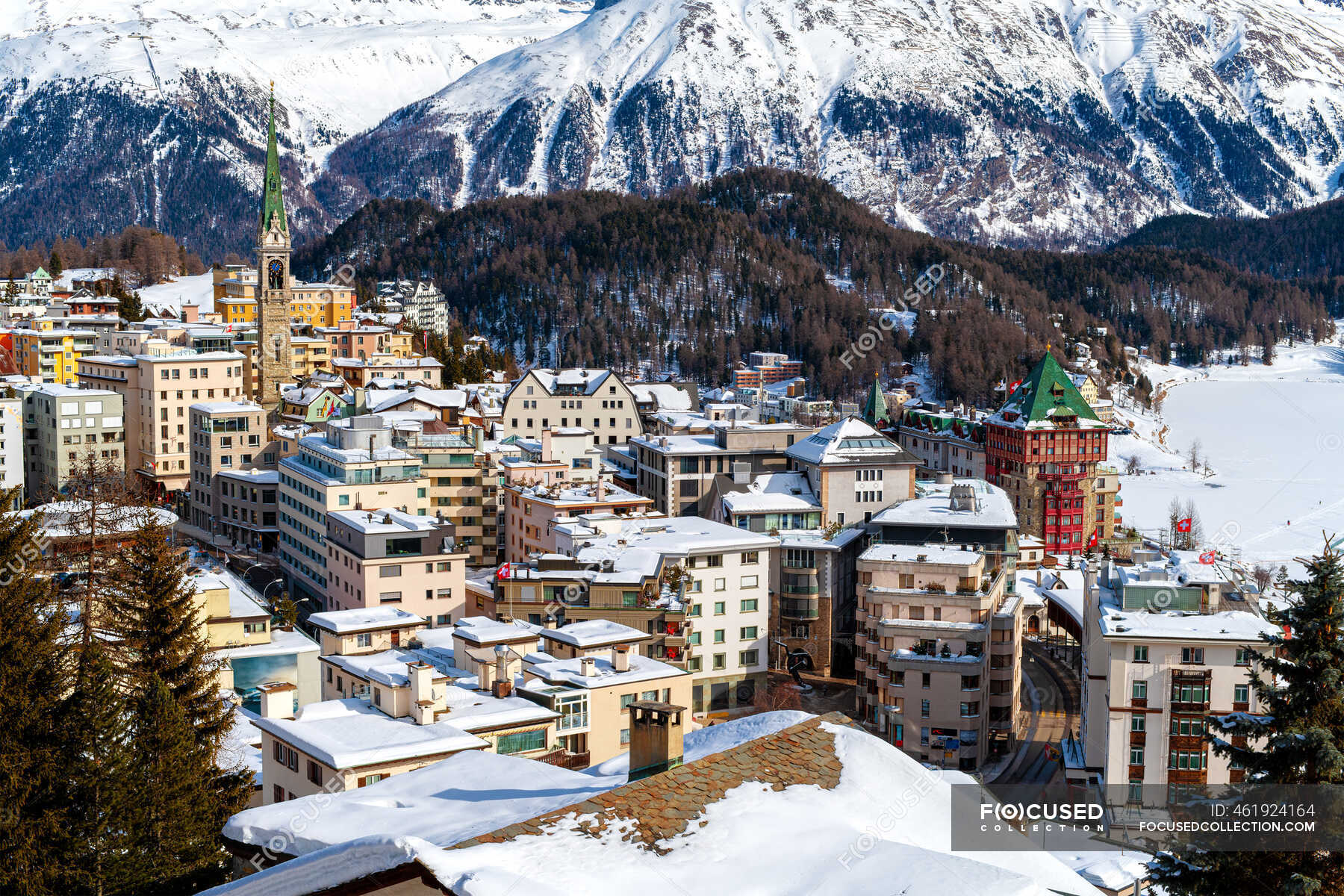 Townscape in the snow, St Moritz, Switzerland — day, Building Exterior ...