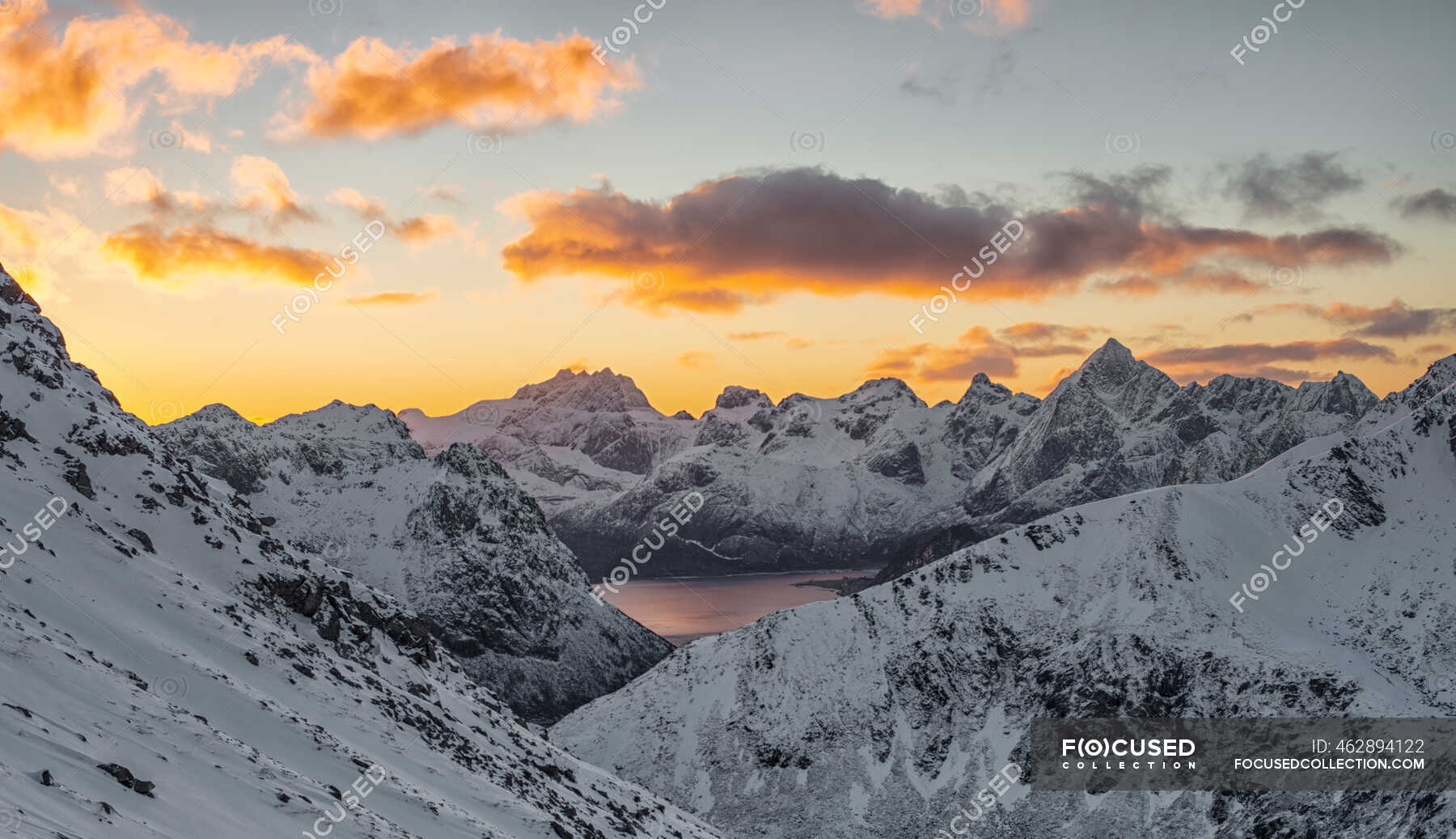 Snowcapped Mountains Flakstad Nordland Norway Atmospheric Mood Copy Space Stock Photo