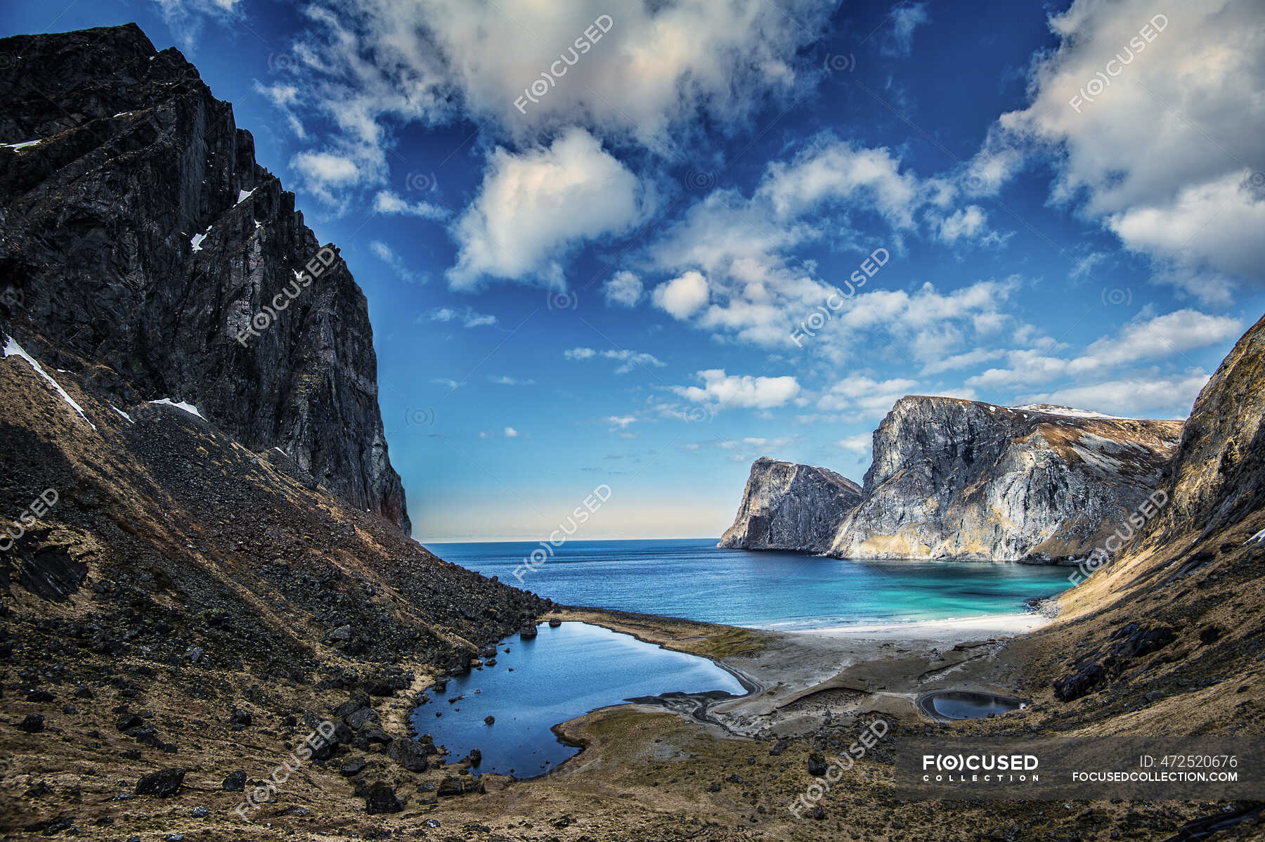 Coastal Landscape Vestervika Flakstad Lofoten Nordland Norway No People Nature Stock Photo