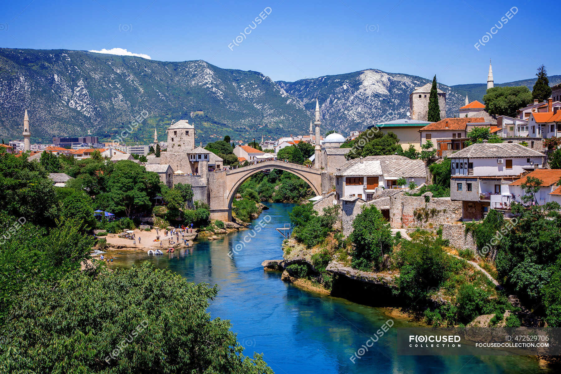 Cityscape and Stari Most bridge over river Neretva, Mostar, Bosnia and ...