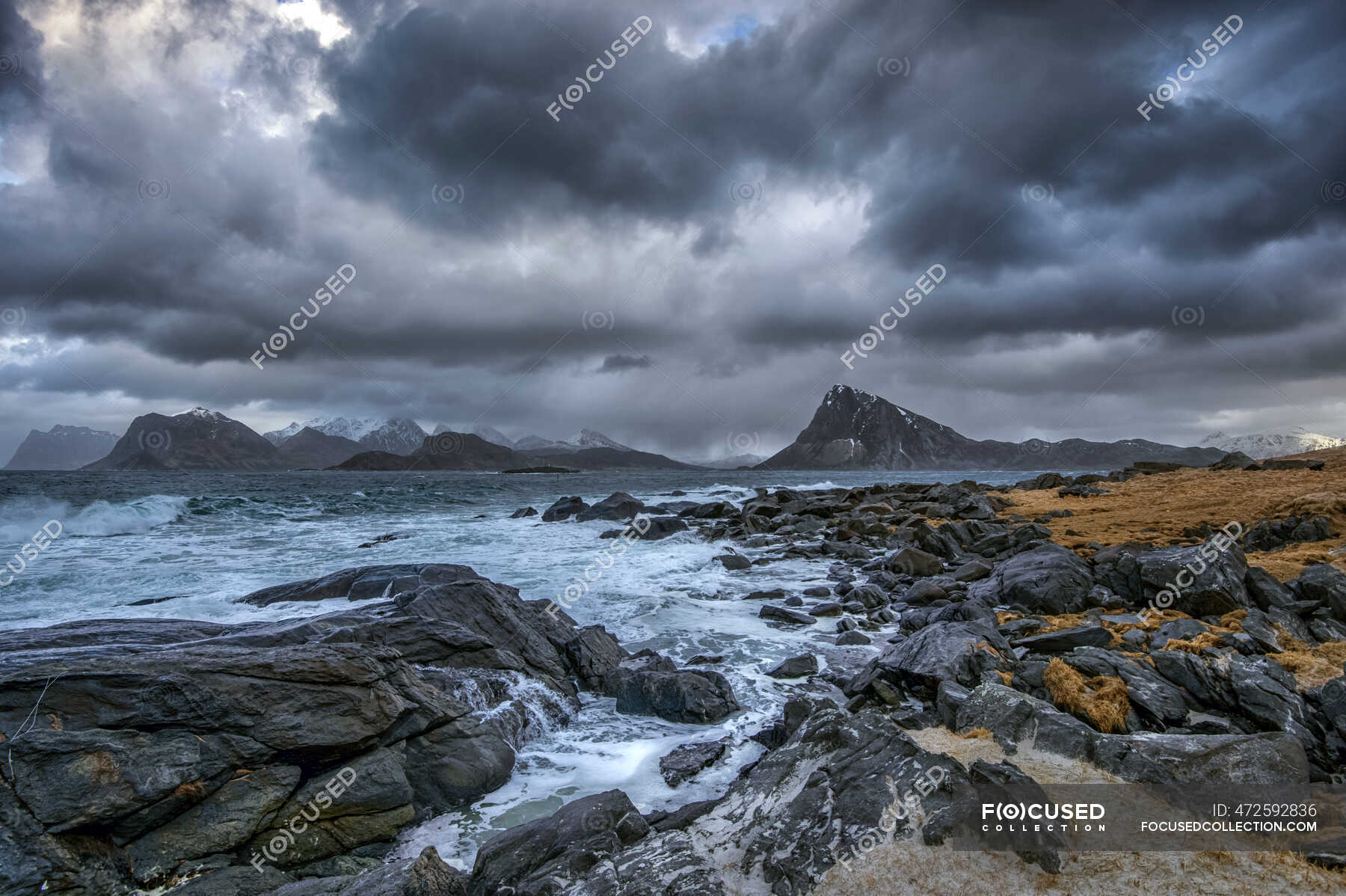 Storm Over Flakstad Lofoten Islands Nordland Norway Landscape Tranquility Stock Photo