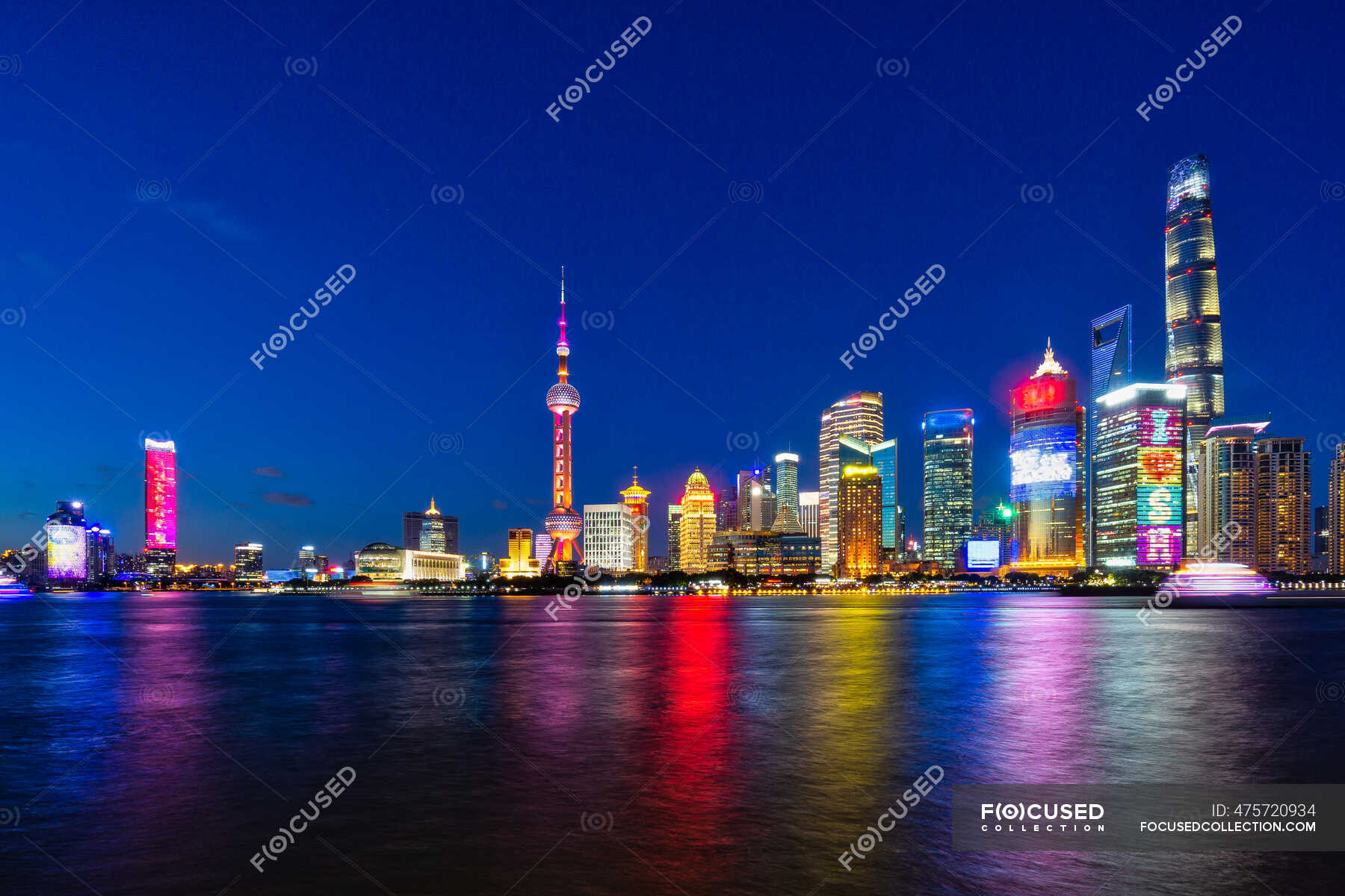 City skyline at night, Shanghai, China — horizontal, illuminated ...