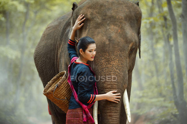 Beautiful thai woman and elephant — Stock Photo
