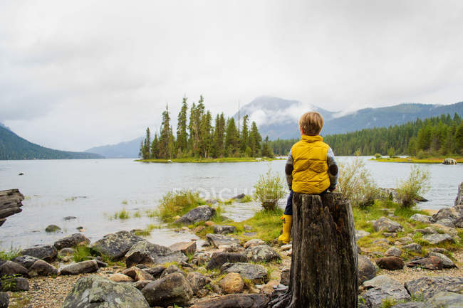 Мальчик сидит на стволе дерева — стоковое фото