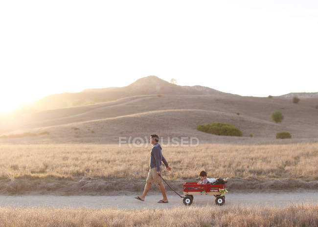 Father pulling son in cart — Stock Photo