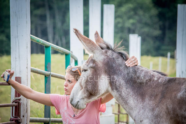 Mulher tomando selfie com burro — Fotografia de Stock