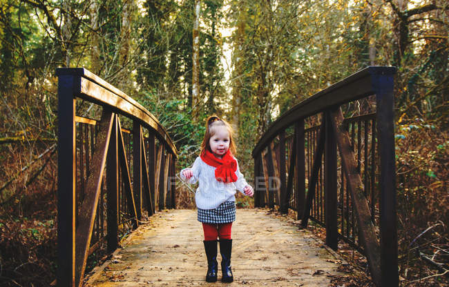 Дівчина стоїть на мосту — стокове фото