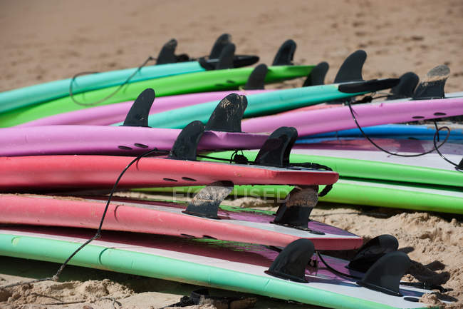 Tavole da surf colorate sulla spiaggia sabbiosa — Foto stock