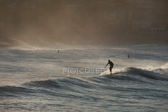 Surfista masculino surfeando por la tarde - foto de stock