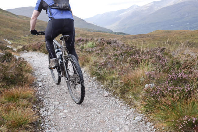 Hombre ciclismo de montaña a lo largo del camino - foto de stock