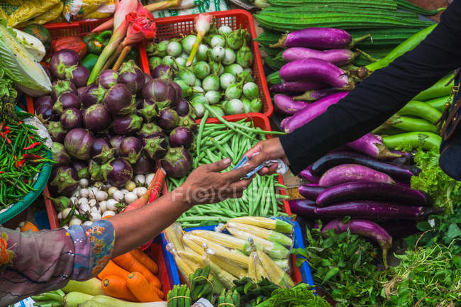 Frau kauft auf Markt ein — Stockfoto