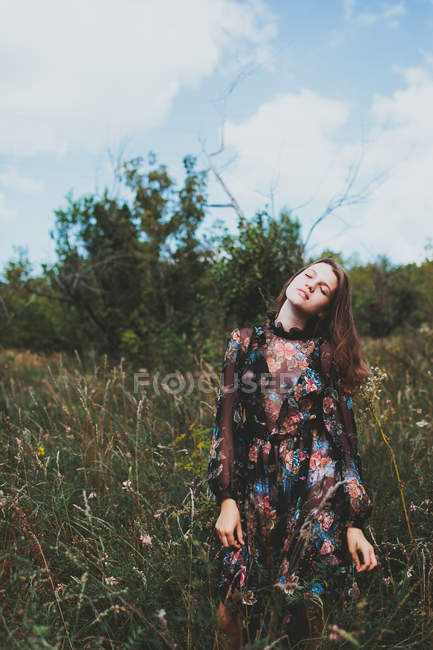 Девушка в платье позирует на лугу — стоковое фото